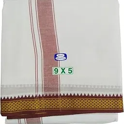 sri raajam textiles Traditional Mens Cotton White Thalapathy 9x5 Dhoti with Angavashtram, Green and Maroon Border, 9+5 Panchakacham, Fine Quality image 1
