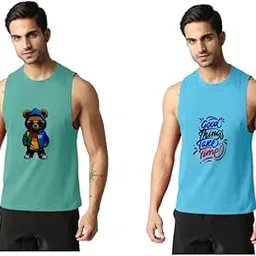 shree bhagyalaxmi Men's Cotton Printed Vest Sleeveless for Daily Use Sky Blue Green XL (Pack of 2)-picture-33