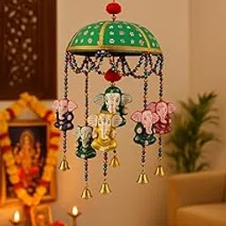 Traditional Decorative Hanging Umbrella with Ganesh Idols – Multicolor Beaded Design with Bells for Home Décor – Handmade Indian Craft-picture-54