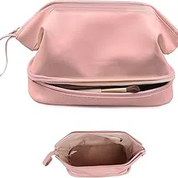 Travel Makeup Bag, Double Layer Cosmetic Bag, Large Zipper Pouch Makeup Organizer Bag, Waterproof Leather Makeup Bag, Portable Leather Toiletry Bag for Women and Girls (Pink) (Pink)-picture-29