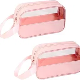 kunfait Small Makeup Pouch Toiletry Travel Bag – Portable Transparent Cosmetic Organizer Waterproof Zipper Pouch for Women Girls & Men Mini Travel Case for Purse & Handbag (2, Pink) image 1
