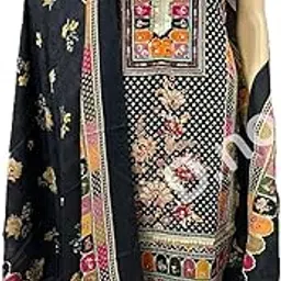 Karachi Style Jam Satin Dress Material, Black with Floral Print, Traditional Embroidered Design image 1