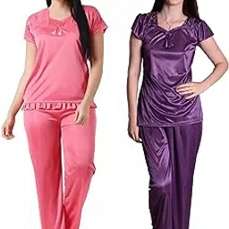 nightdoll Women's Combo Solid Satin Night Suit Set Nightdress Sleepwear and Lounge Wear/Top & Payjama Set-picture-11