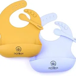 ZoZoBaa Silicone Baby Bib with Easy Grip Spoon For Feeding Toddlers|Waterproof & Reusable Bib with button for Infants |Soft, Light Weight, BPA Free, 2 Set, Purple & Mango Yellow-picture-67