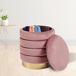 RIBAVARY Velvet Luxurious Round Ottoman Storage Box Dutch Velvet Pouffe Footstool, Footrest Vanity Stool with Lids for Bedroom Living Room Balcony Snack (Small Storage Standard Size, Pink1)-image-94
