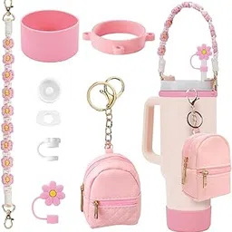 House of Quirk 7 PCS Cup Accessories Set | Tumbler Accessories for 30oz & 40oz | Silicone Boot, Handle Strap, Coin Purse & Straw Covers ((Light Pink Charms, Tumbler Not Included))-image-16