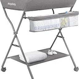 Baby Changing Table with Wheels, Maydolly Portable Adjustable Height Folding Diaper Station with Nursery Organizer & Storage Rack for Newborn Baby and Infant, Grey Pattern-picture-24