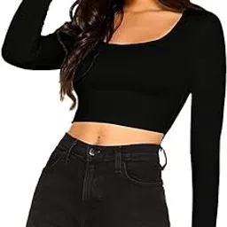 Basic Women's Sexy Top Black Scoop Neck Solid Tops Full Sleeve Blouse Crop Top for Women-picture-55