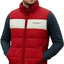 Pepe Jeans Men's Quilted Puffer Vest, Red and White, Sleeveless Winter Gilet with High Collar, Full Zip Closure-picture-27