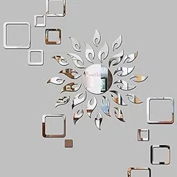 Wall1ders Sun Silver With 12 Square Silver Self-Adhesive (Sun Size 45 Cm X 45 Cm) Mirror Stickers For Wall.-picture-10