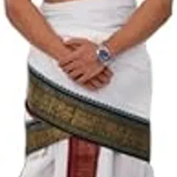 ethazh Men’s Pure Cotton Dhoti with Angavastram Set (9x5 Size) – Traditional South Indian Pancha Style – White Base with 5" Vedha Jacquard Border in Multiple Color Variations-picture-35