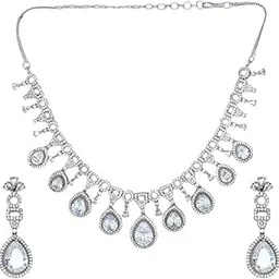 iksava Premium Brass Bridal Necklace Set for Women Studded with Sparkling American Diamonds | Elegant Teardrop Design with Matching Earrings for Weddings, Parties & Special Occasions-picture-54