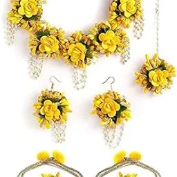 Flower Jewellery Set for Haldi, Gota Patti Floral Necklace Earrings Bracelet & Maang Tikka for Women & Girls | Artificial Flower Jewellery for Mehandi, Haldi, Wedding, Baby Shower, Bride & Bridesmaid Functions | Lightweight Traditional Indian Jewelry Set-picture-10