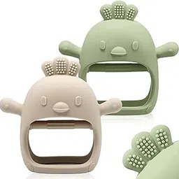 2 Packs Baby Teething Toy for 0-6 6-12 Months, Food Grade Silicone Teething Mitten, Anti Dropping Wrist Hand Teethers Baby Chew Toys for Sucking Needs, BPA Free (Green & Caramel)-image-61