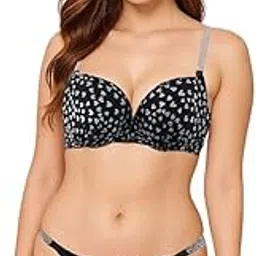 brachy Women's Padded Underwired Mini Grey Heart Print Push-Up Uplifting Bra Panty G-String Set – Adjustable Glitter Strap Back Hook Closure Stylish Everyday Lingerie Set-picture-28
