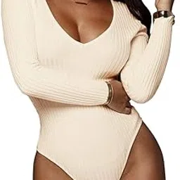 gembera Women's Basic Long Sleeve Deep V Neck Ribbed Knit Bodysuit-picture-10