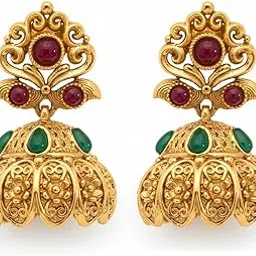 Antique Gold Polish Temple Style Small Jhumka Earrings for Women & Girls | Designer Traditional Jewellery with Red & Green Stones | South Indian Bridal Festive Accessories | Rajwadi Ethnic Jewellery-image-34