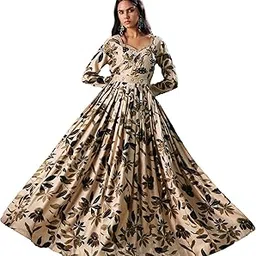madhuram textiles Madhuiram Textiles Women's Vatican Print Flared Anarkali Gown for Women V-Neck Embroidered Ethnic Dress(M-2552 Black and White)-picture-12