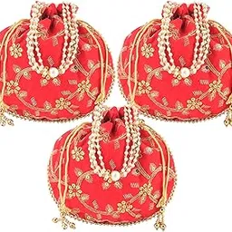 3 Pcs Polyester Potli Bags for Women | Traditional Indian Zari Work Potli Bag | Ladies Batwa Purse for Return Gifts | Drawstring Handbag & Khajoor Wristlets - Red-image-60