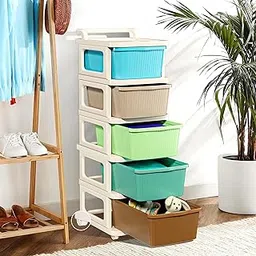 Kuber Industries 5 Layer Plastic Modular Storage Drawer Organizer with Wheels | Chest of Drawer Storage Box for Living Room, Office, School and Home | Toys Organiser for Kids Room | Multicolor-image-70