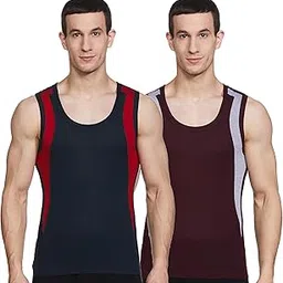 dixcy scott Originals Men's Cut & Sew Color Block Printed On Side Durable & Comfortable 100% Combed Cotton Muscle Fit Gym Regular Fit Vest Innerwear (Pack of 2) image 1