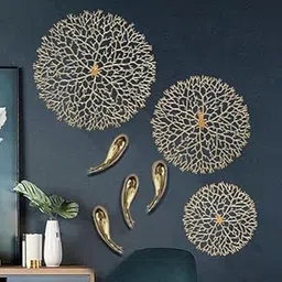 ZOVE Modern Handcrafted luxury Set of 7 Lotus Leaf with Fish Metal Wall Decor Perfect for Living Room I Drawing Room I Hotel I Restaurant I Color : Electroplated Gold-picture-41