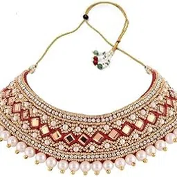 Red Zardosi Embroidery Thread Work Kapada cloth necklace jewellery Collar Neck choker set for Girls & Women-picture-50