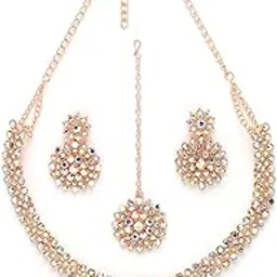 sukkhi Delightly Rose Gold Plated Rainbow Stone Collar Bone Necklace Set With Earring And Maangtika | Jewellery Set For Women (NS105600)-picture-23
