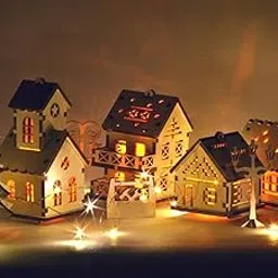 Raystar™ DIY Wooden House LED Tea Light Holder, Christmas Decorative Lantern, Hanging Holder (5 House)-picture-31
