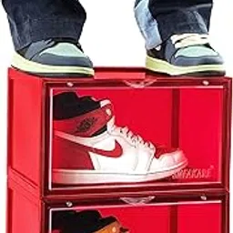 SNEAKARE Plastic Shoe Storage Organizer, Set Of 2 Red Heavy-Duty Sneaker Box, Stackable Storage Box With Magnetic Closure, Easy Installation Foldable Multipurpose Storage Box, Fits Size Uk14-image-1