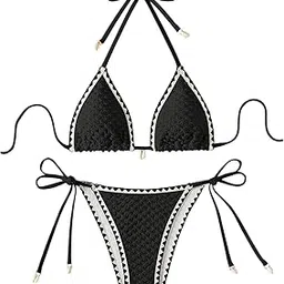 gorglitter Women 2 Piece Halter Bikini Set Contrast Binding Side Bottom Bikini Set image 1