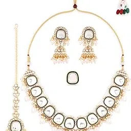 zaveri pearls Green Enamel Kundan & Pearls Bridal Necklace Earring Maangtikka & Ring Set For Women-ZPFK16757-picture-14