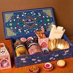 Dream a Dozen Midnight Magic Gift Hamper | Luxury Diwali Gift Box with Besan Laddoo Cookies, Achari Aam Crackers, Peri Peri Mixed Nuts, Indian Gourmet Chocolates, Functional Tote Bag, Auspicious Lotus Bowl, DIY Craft Lantern, Elephant Tealight Holders, Festive Candles & Greeting Card | Luxury Festive & Corporate Gift-image-62
