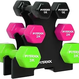 Fitrxx Vinyl Dumbbells With Stand | Men and Women | Non-Slippery Dumbbell for Home and Gym | Full Body Workout (Multicolor, (1 kg, 2 kg, 3 kg = 12 Kg)-picture-10