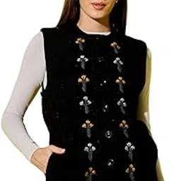 clapton Women's Knited Sleeveless Sweater, Wool Blend, Floral Embroidered Button Front Design,-picture-15