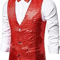 moxic Mens Sequins Vest Button Down Bow Tie Jacket Fashion Party Costume L Red-picture-23