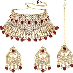 peora 18K Gold Plated Indian Traditional Pearl Kundan Necklace Earrings with Maang Tikka Jewellery Set for Women-picture-40