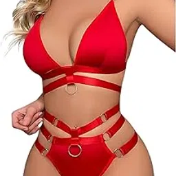 febeul Lingerie Set for Women O-Ring Linked Strappy Lingerie Cut Out Choker Bra and Panty Set Lingerie 3 Pieces Valentine Honeymoon Outfit-picture-53