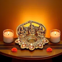 Saudeep India Metal Laxmi Ganesh Saraswati Idol Diya | Brass Lakshmi Ganesha Showpiece Status | Traditional Diya for Diwali Puja - Diwali Home Decoration Items Gifts (Export Quality)-picture-10
