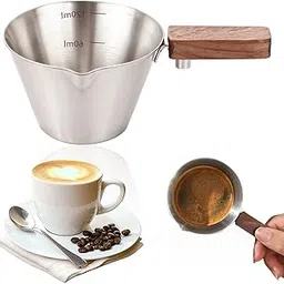 Supvox® 120ml Espresso Coffee Cup Brushed Stainless Steel Measuring Cup with Wooden Handle Easy Pouring V-Nozzle Design Kitchen Measuring Small Oil Pot-picture-27