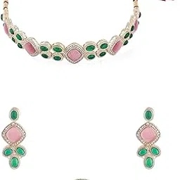 zaveri pearls Green Pink Cat Eye Stones Beads Statement Kundan Choker Necklace Earring & Ring Set For Women-ZPFK18829-picture-22
