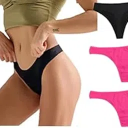 Women Cotton Comfortable Fabric Daily Use Regular Wear Mid Rise Thong Panty G-String Panties Pack of 3 - Black Pink Pink-image-82