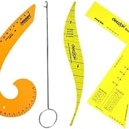 Prabhas Designs 3 Dart Scale, Loop Turner, Arm Hole Curve scale, and Yellow French curve combo (4 pcs) for Tailoring, Quilting, Sewing, Fashion Designs image 1