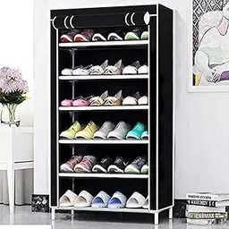 6 Shelf Shoe Rack Plastic with Cover, Zip Door Cover with Side Pockets, Storage of 18 Pairs of Shoes Storage of 18 Pairs of Shoes Storage (Black) (BLACK)-picture-15