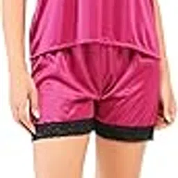 miavida Women's Satin Nightwear Set – Magenta Cami Top & Shorts with Black Lace | Sexy Sleepwear & Lounge Set for Women & Girls (Free Size - S to L) image 1