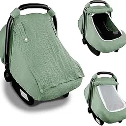 Muslin Car Seat Covers for Babies, Summer Baby Car Seat Cover for Boys Girls with Breathable Window, Lightweight Infant Car Seat Canopy, Green-picture-28