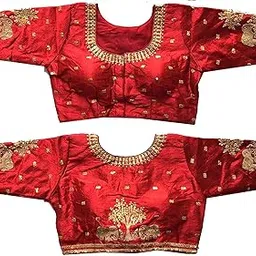 vihu fashion Women's Multicolor Phantom Silk Heavy Elephant Gold Thread Embroidery Sequins zari Work Half Sleeves Readymade Saree Blouse (38 Size +Margin)-picture-39