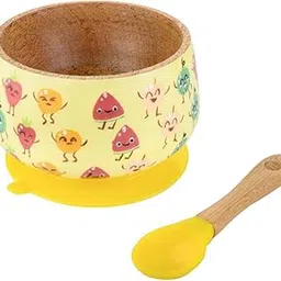 Taabartoli Truly Fruity Wooden Suction Bowl and Spoon Set | Baby Feeding | Non-Toxic | Bowl -12 x 12 x 7cms Spoon | 13.5 x 3 x 2 cms (Cartoon)-picture-65