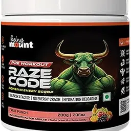 BeingMount Raze Code Pre Workout Supplement, Fruit Punch Flavour, Power Formula with X Factor, No Energy Crash, Hydration Reloaded, 200g-picture-20
