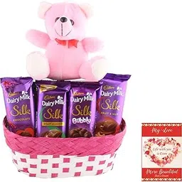 SFU E Com Chocolaty Silk Basket Gift With Teddy Bear | Valentine Chocolate With Love Greeting Card | Valentine Chocolate Hamper | 474-picture-33